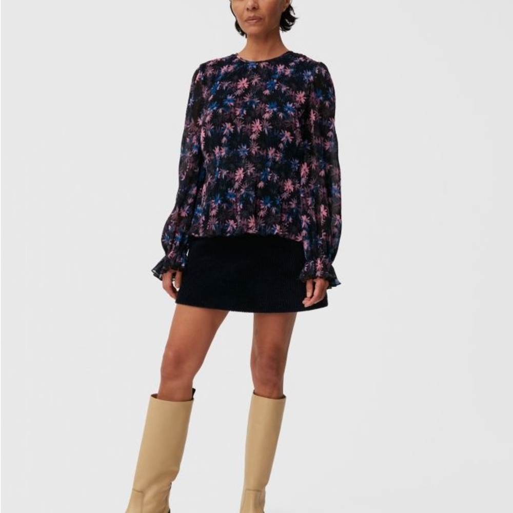 NWT Ganni Floral Pleated Georgette Smock Blouse 38